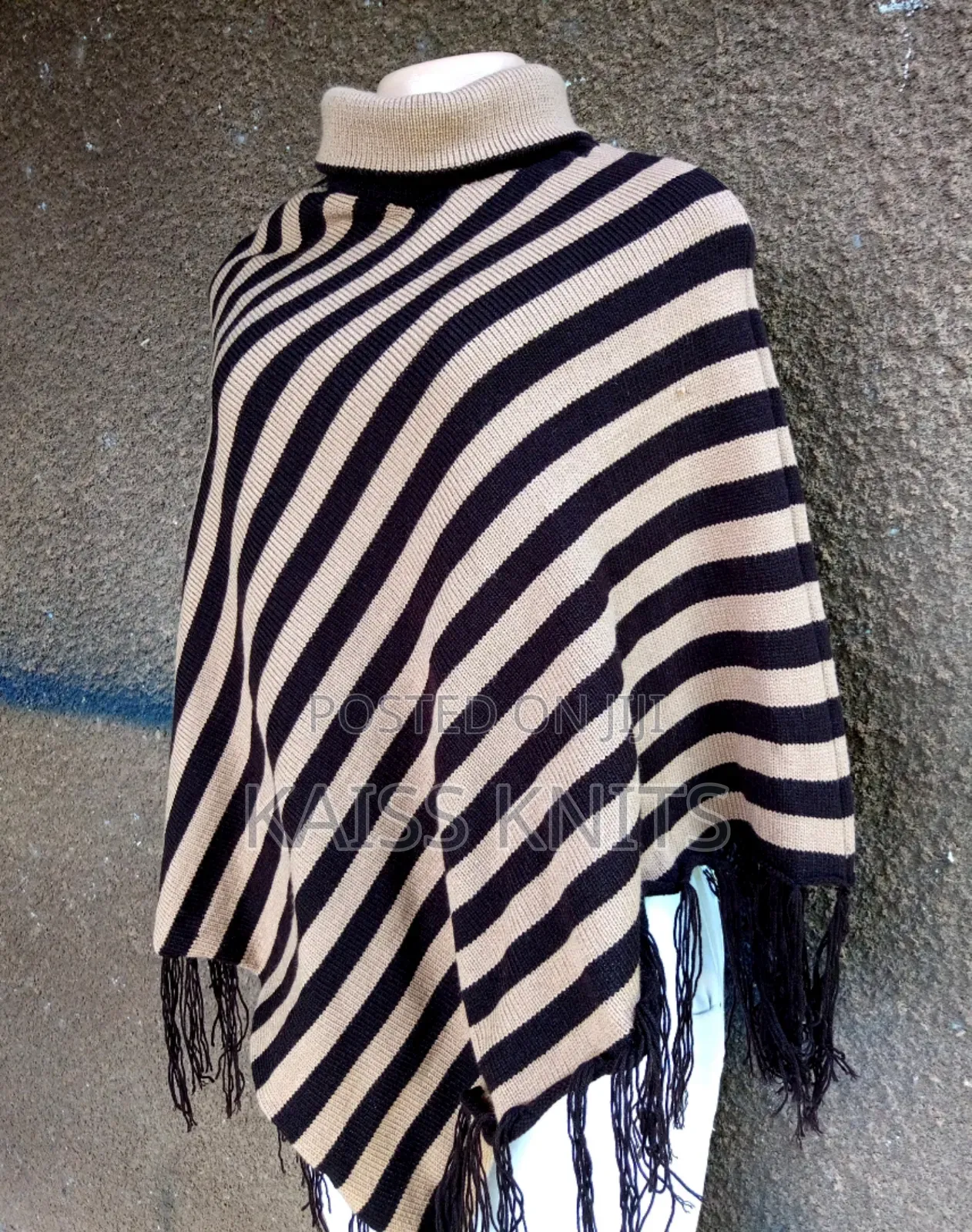 Khaki Striped Shawl Poncho