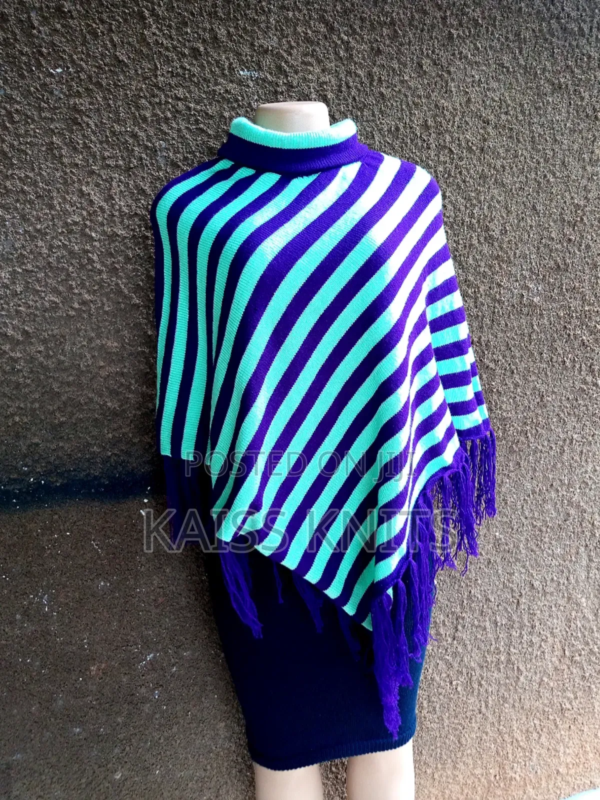 Purple Striped Knitted Shawl Poncho