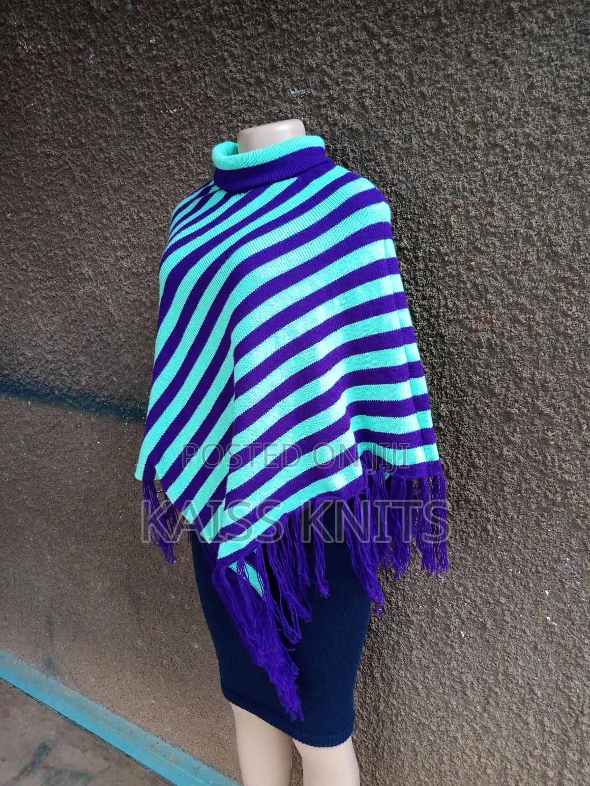 Purple Striped Knitted Shawl Poncho