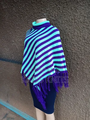 Purple Striped Knitted Shawl Poncho