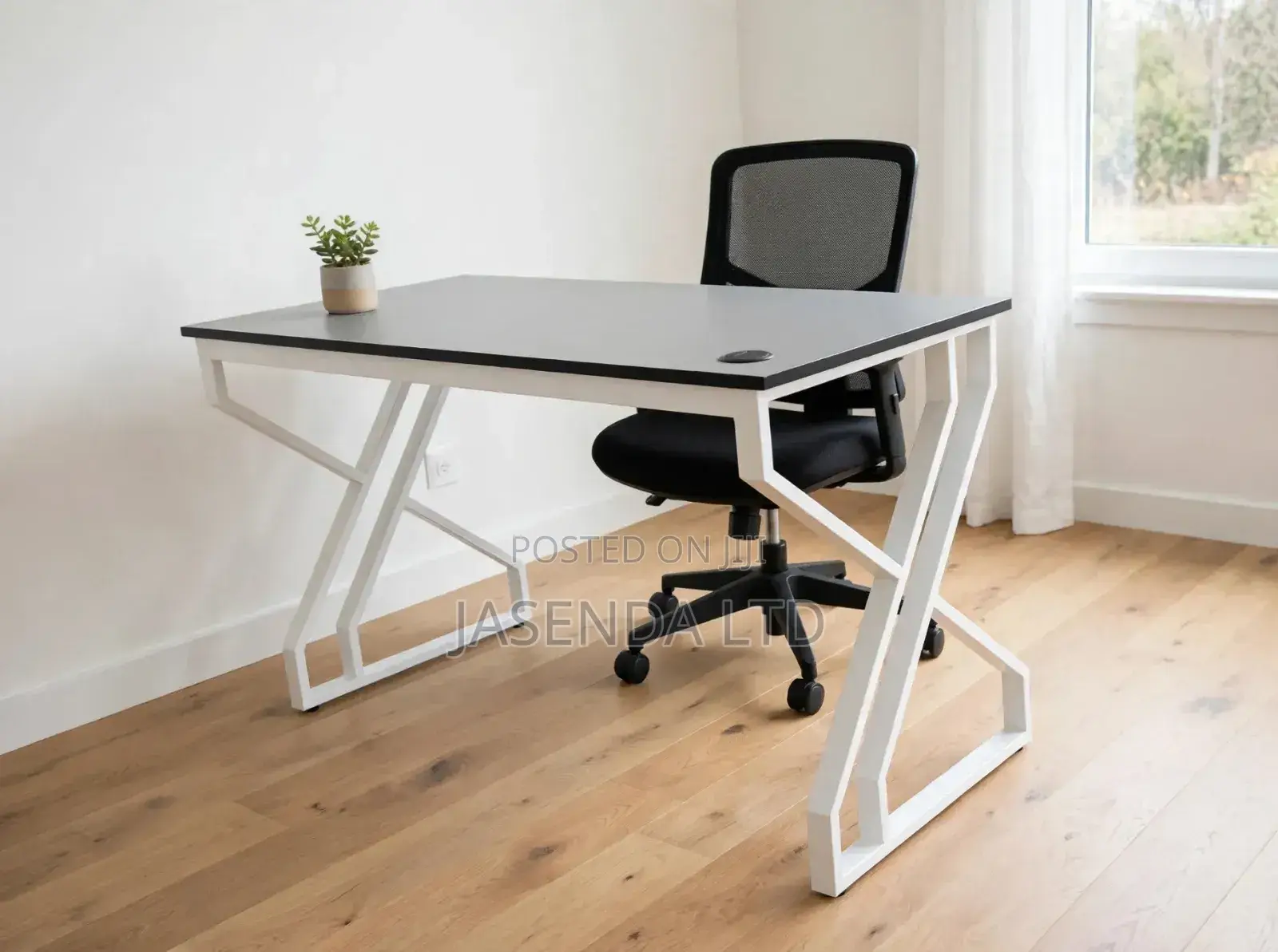 Modern Office Desk Table 120cm With Cable Hole - White Metal Frame