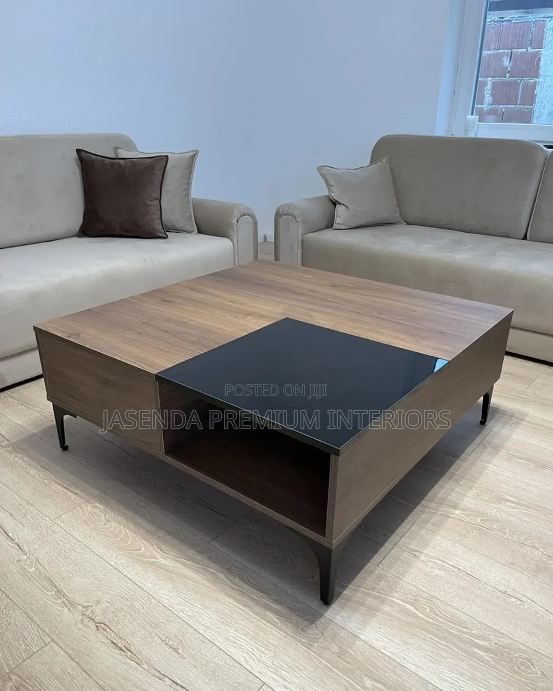 Square Coffee Table Center Table With Black Glass - Walnut - 75x75cm