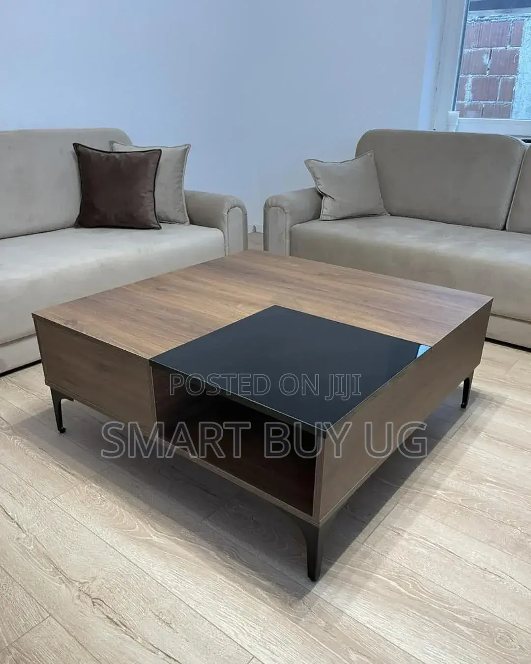 Square Coffee Table Center Table With Black Glass - Walnut - 75x75cm