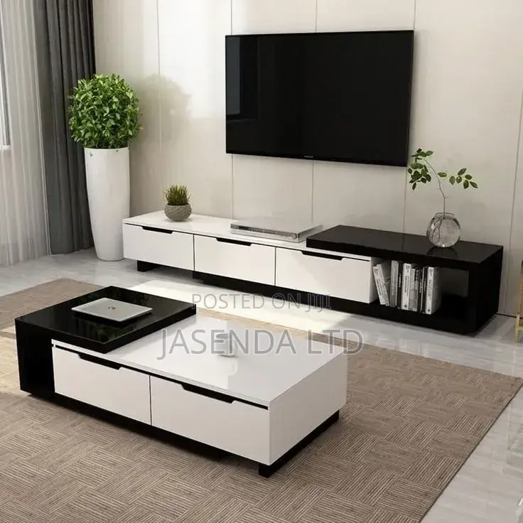 Modern Living Room Set TV Stand + Coffee Table Top White Black - New