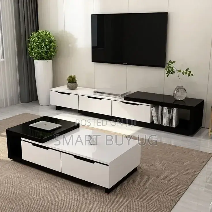 Modern Living Room Set TV Stand + Coffee Table Top White Black - New