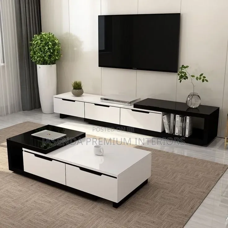 Modern Living Room Set TV Stand + Coffee Table Top White Black - New