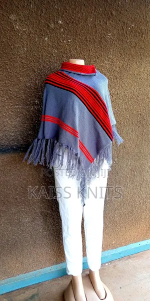 Gray-Red Women's Shawl Poncho
