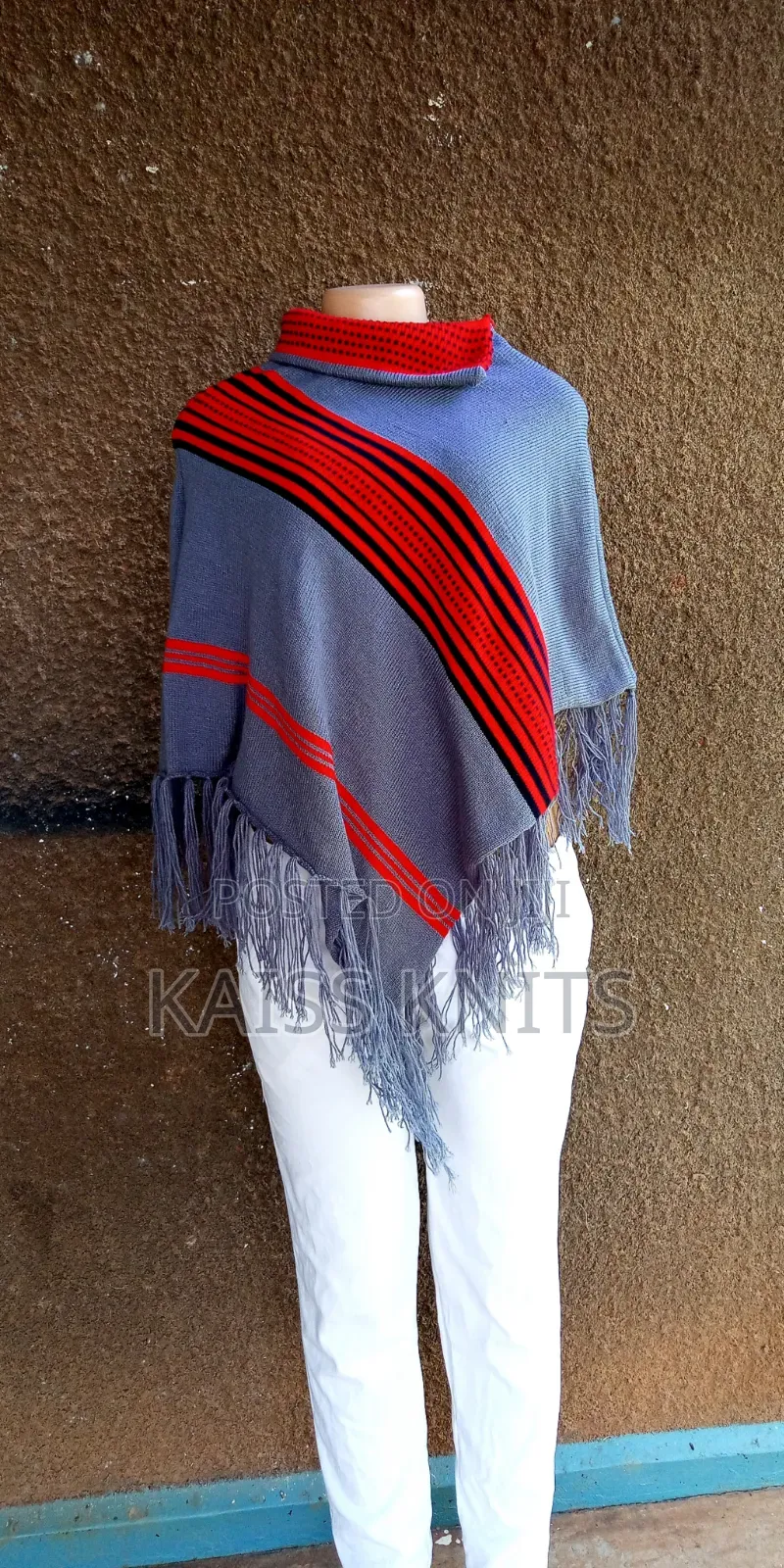 Gray-Red Women's Shawl Poncho
