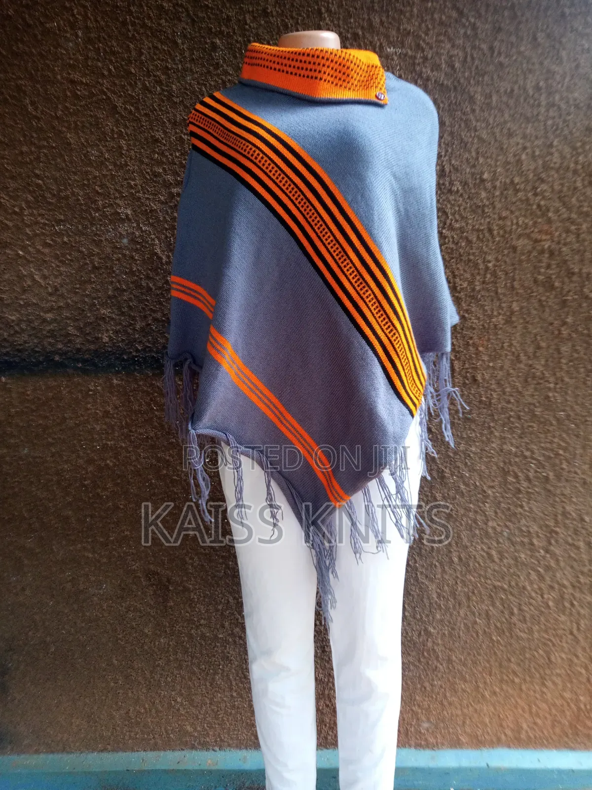 Gray-Orange Women's Shawl Poncho