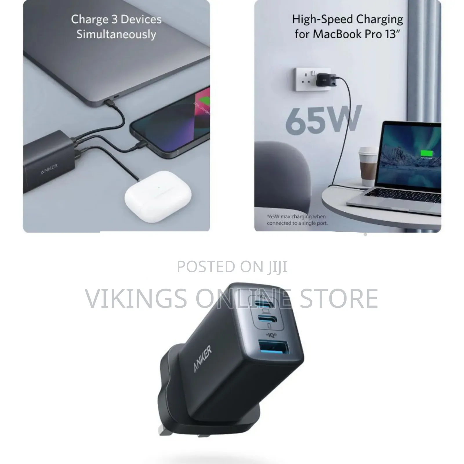 Anker Highh Speed 65W Gan Charger 3in1 3 Ports 2 USB-C, 1 USB-A
