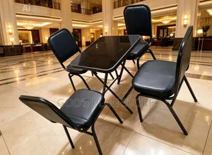 Black Folding Glass Table With 4 Leather Chairs for Dining Room