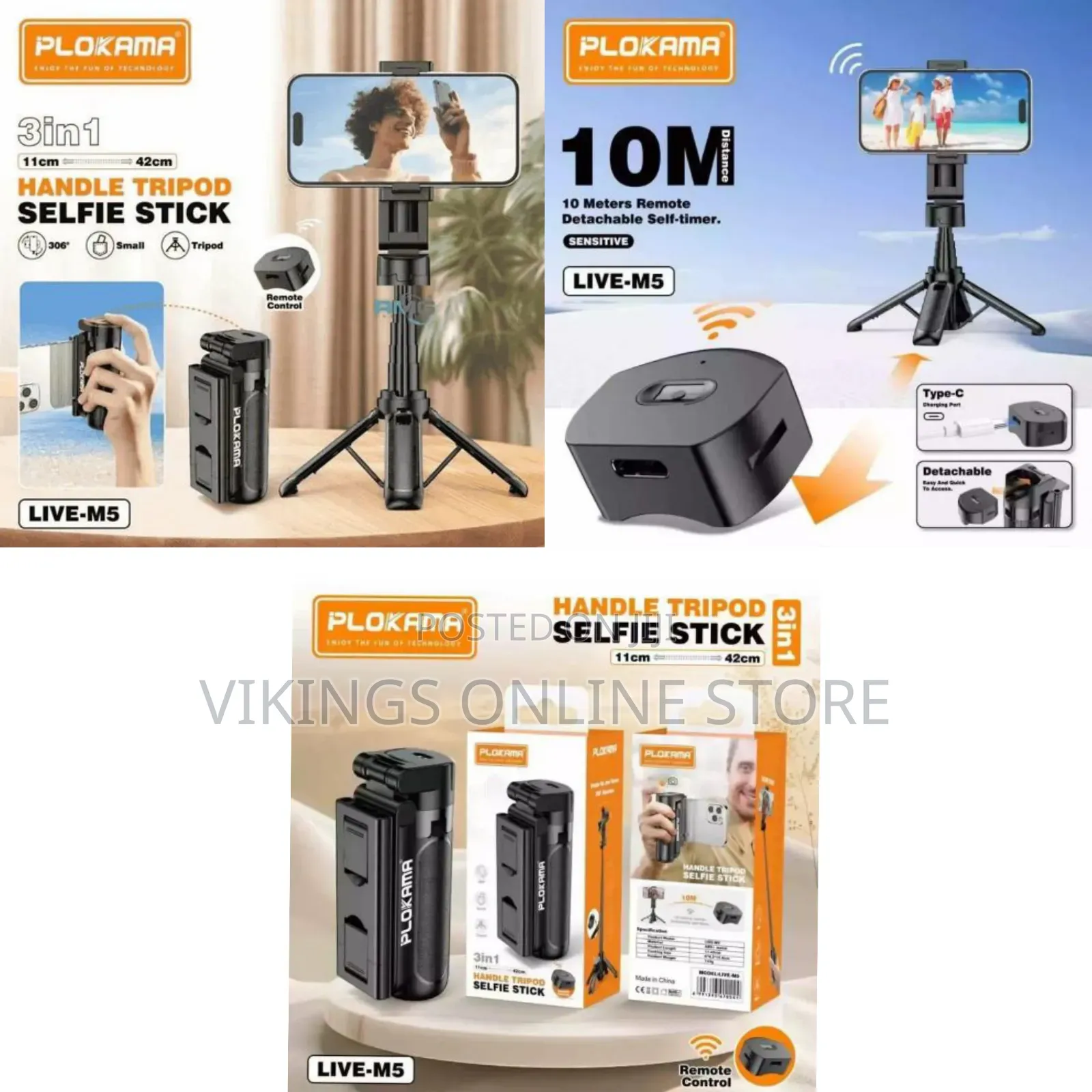 PLOKAMA LIVE-M5 Pro 3 In1 Extendable Grip Handle Tripod Mini Selfie