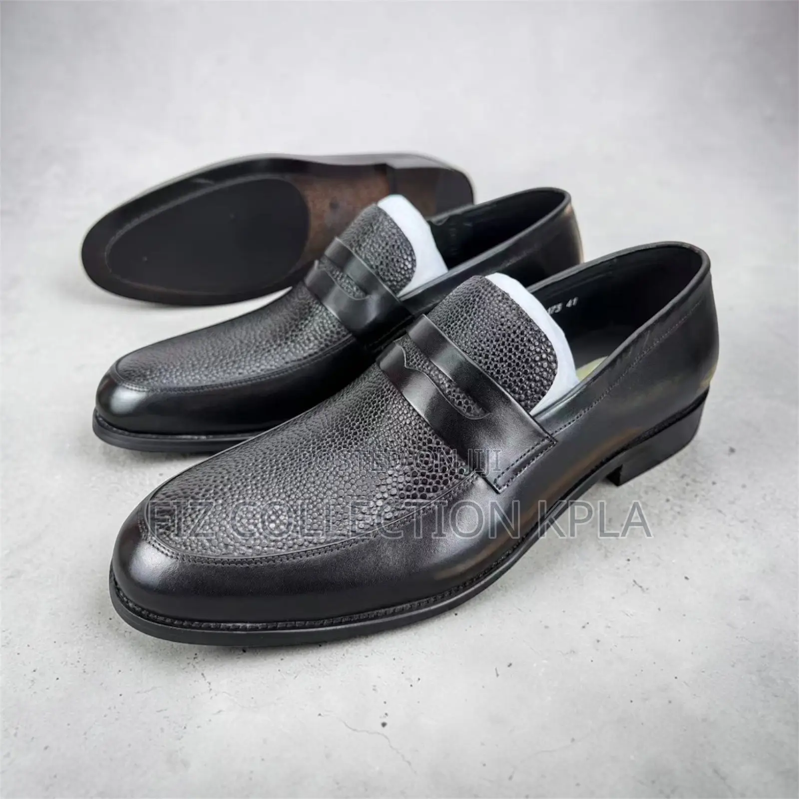 Renato Castello Black Textured Leather Slip-on Loafers