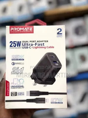Promate 25W Dual Port Adapter Ultra Fast USB-C to Lightning Cable