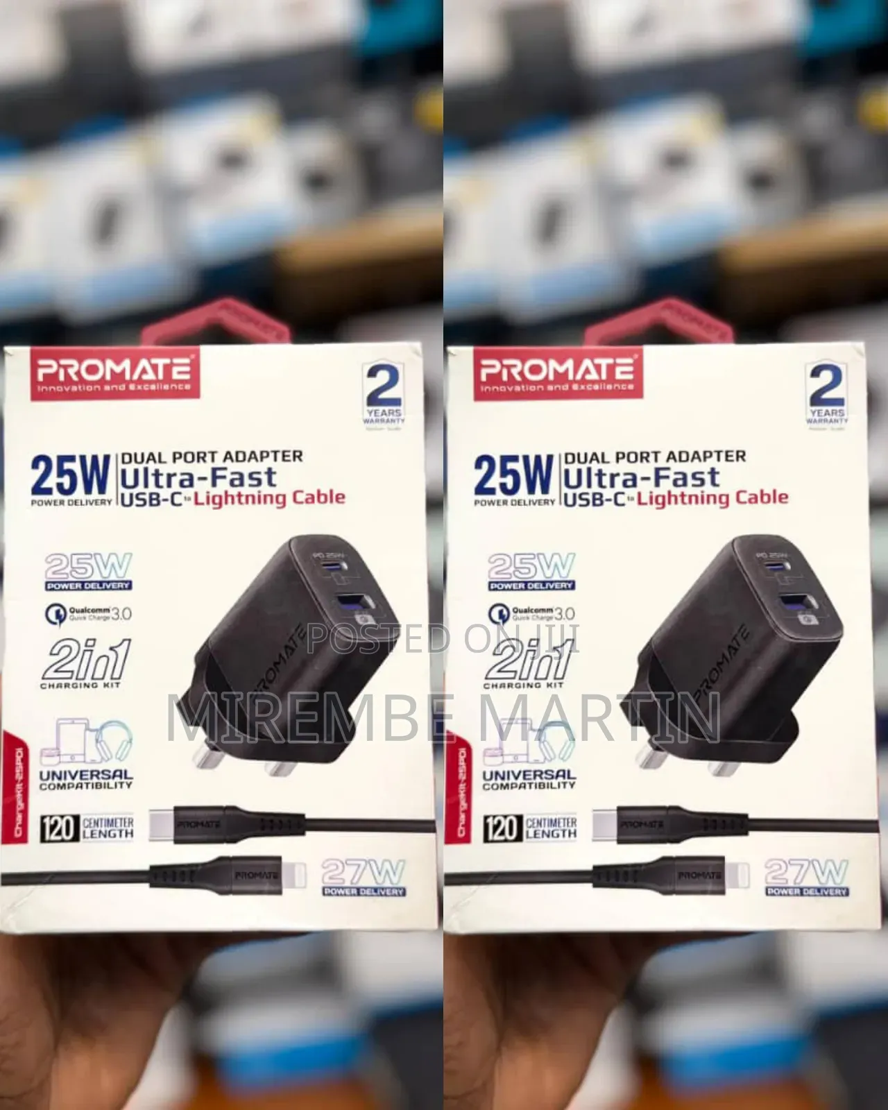 Promate 25W Dual Port Adapter Ultra Fast USB-C to Lightning Cable