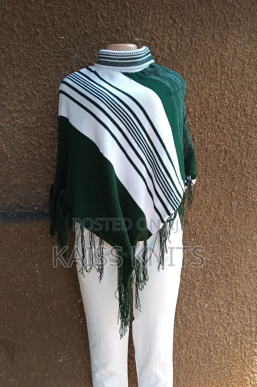 Green-White Women's Shawl Poncho