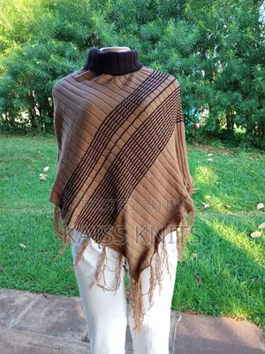 Khaki Striped Women's Shawl Poncho