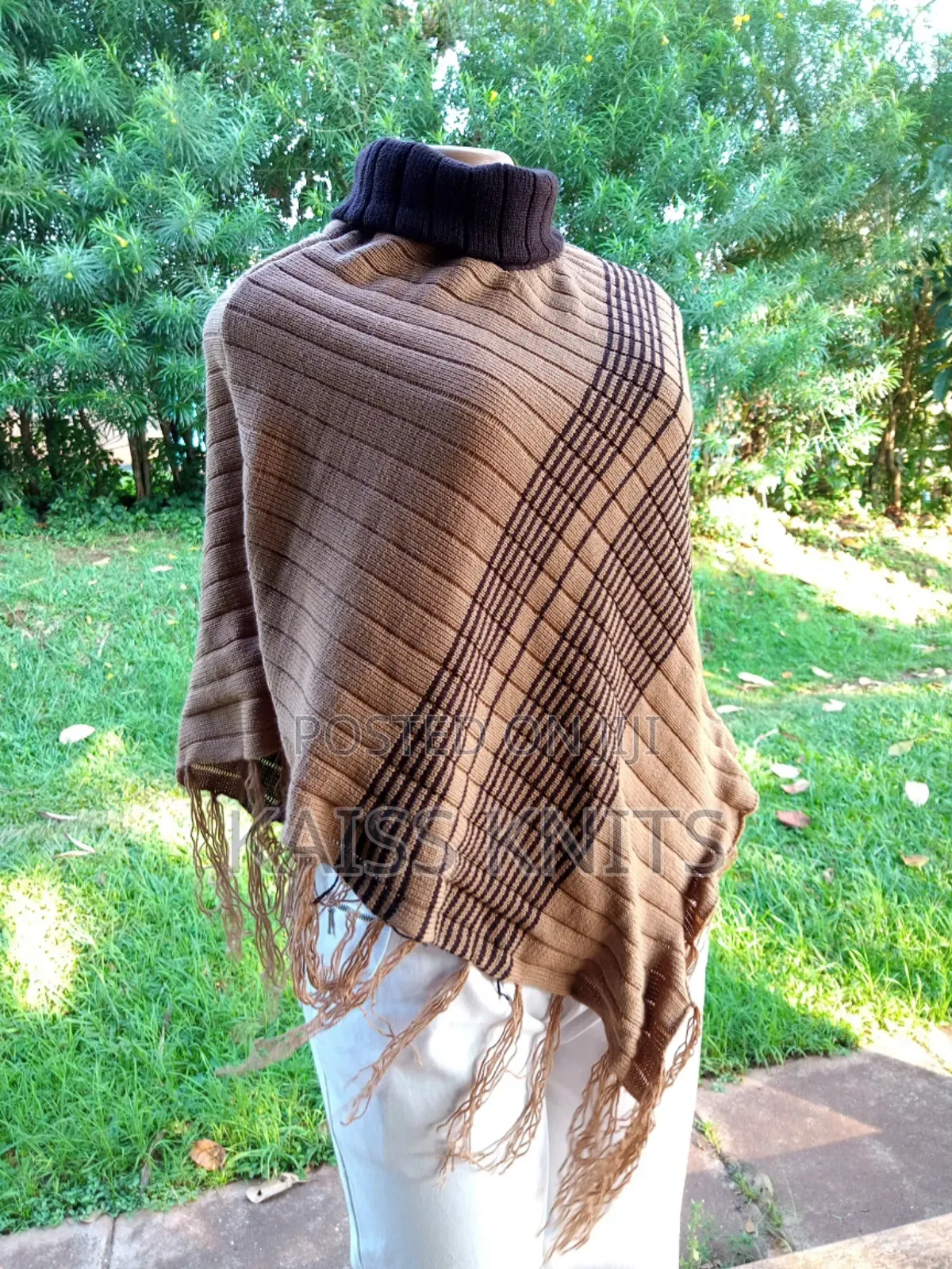 Khaki Striped Women's Shawl Poncho
