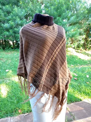 Khaki Striped Women's Shawl Poncho