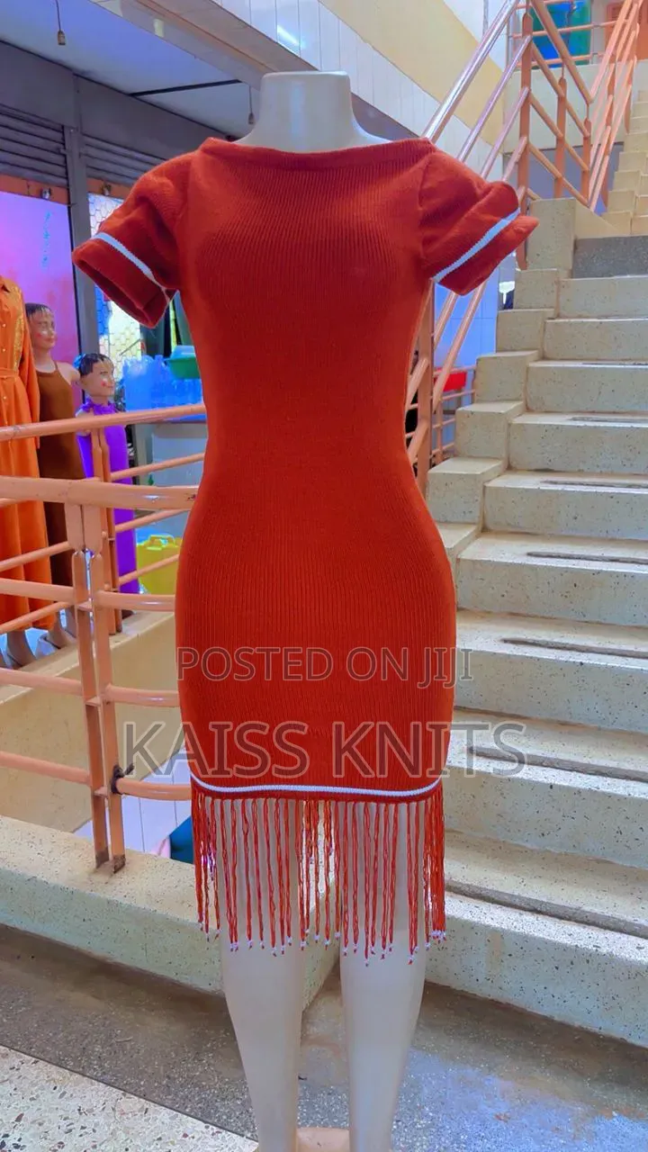 Knitted Straight Dress With Beaded Fringes