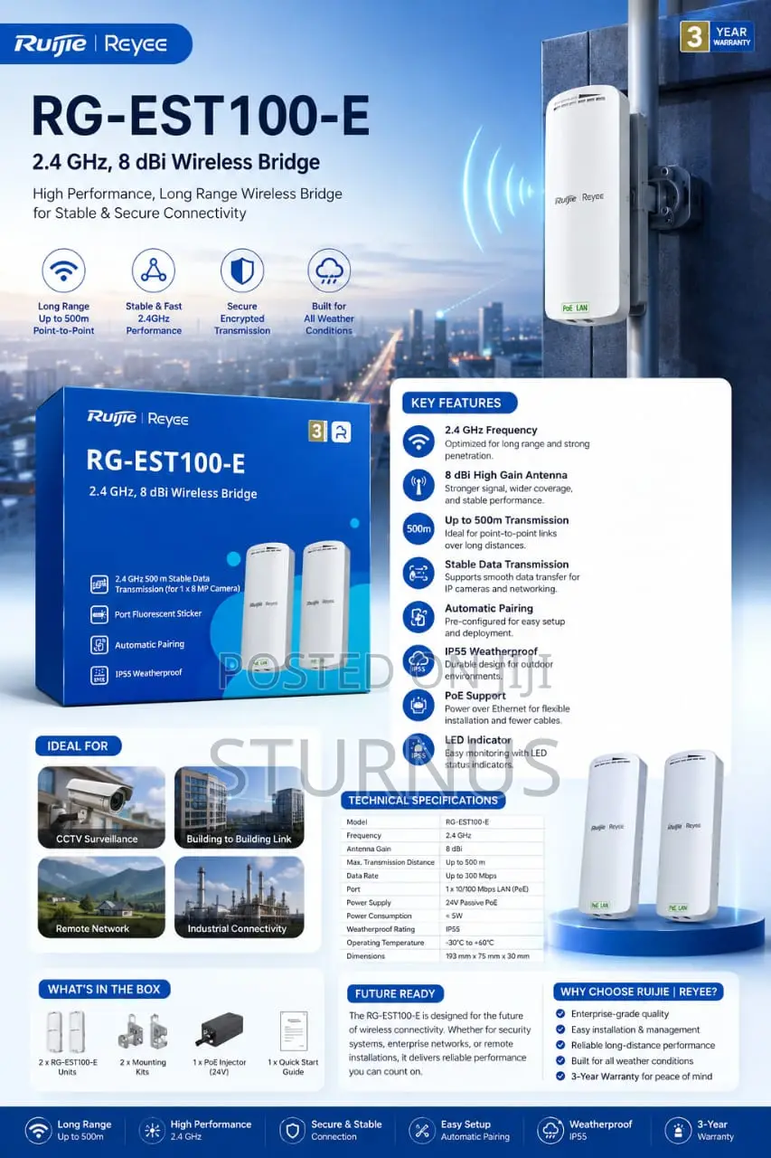 RG-EST100-E, 2.4GHz Dual-Stream 500m Wireless Bridge