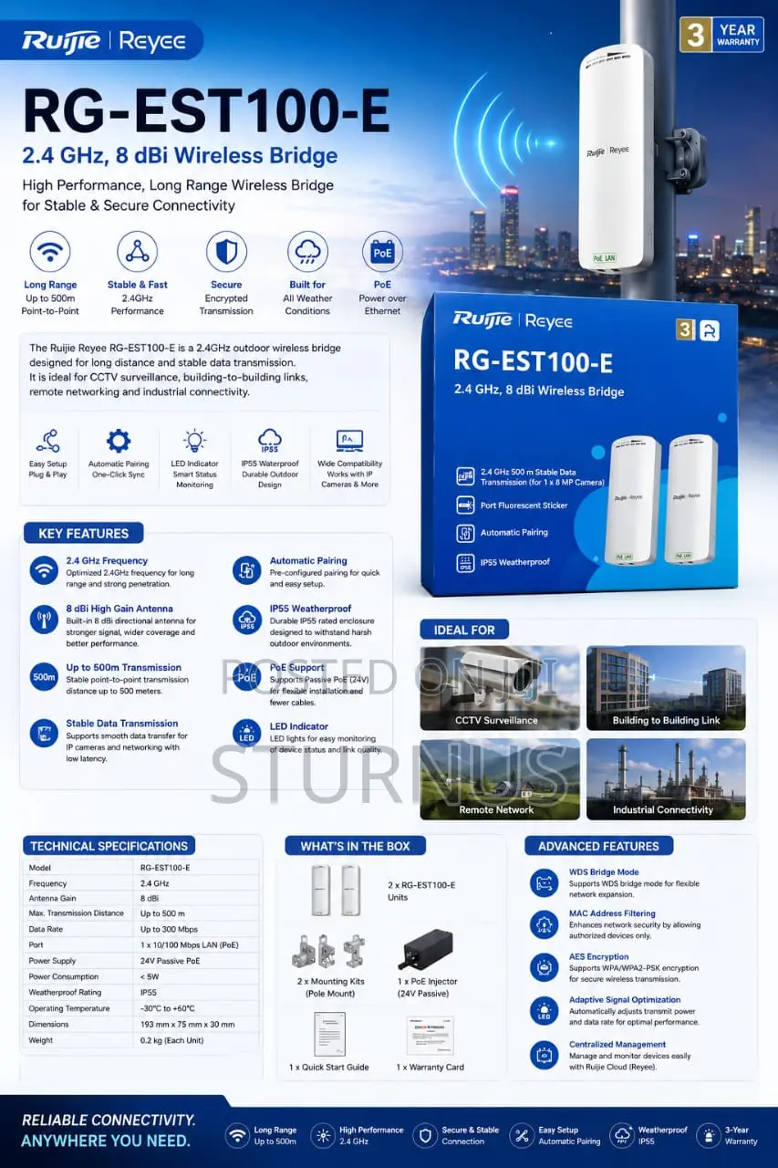 RG-EST100-E, 2.4GHz Dual-Stream 500m Wireless Bridge