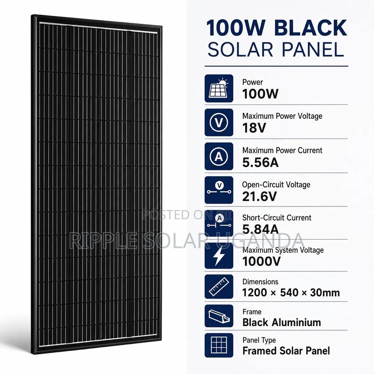 100w Black Solar Panel High Efficiency Pv Module Kampala