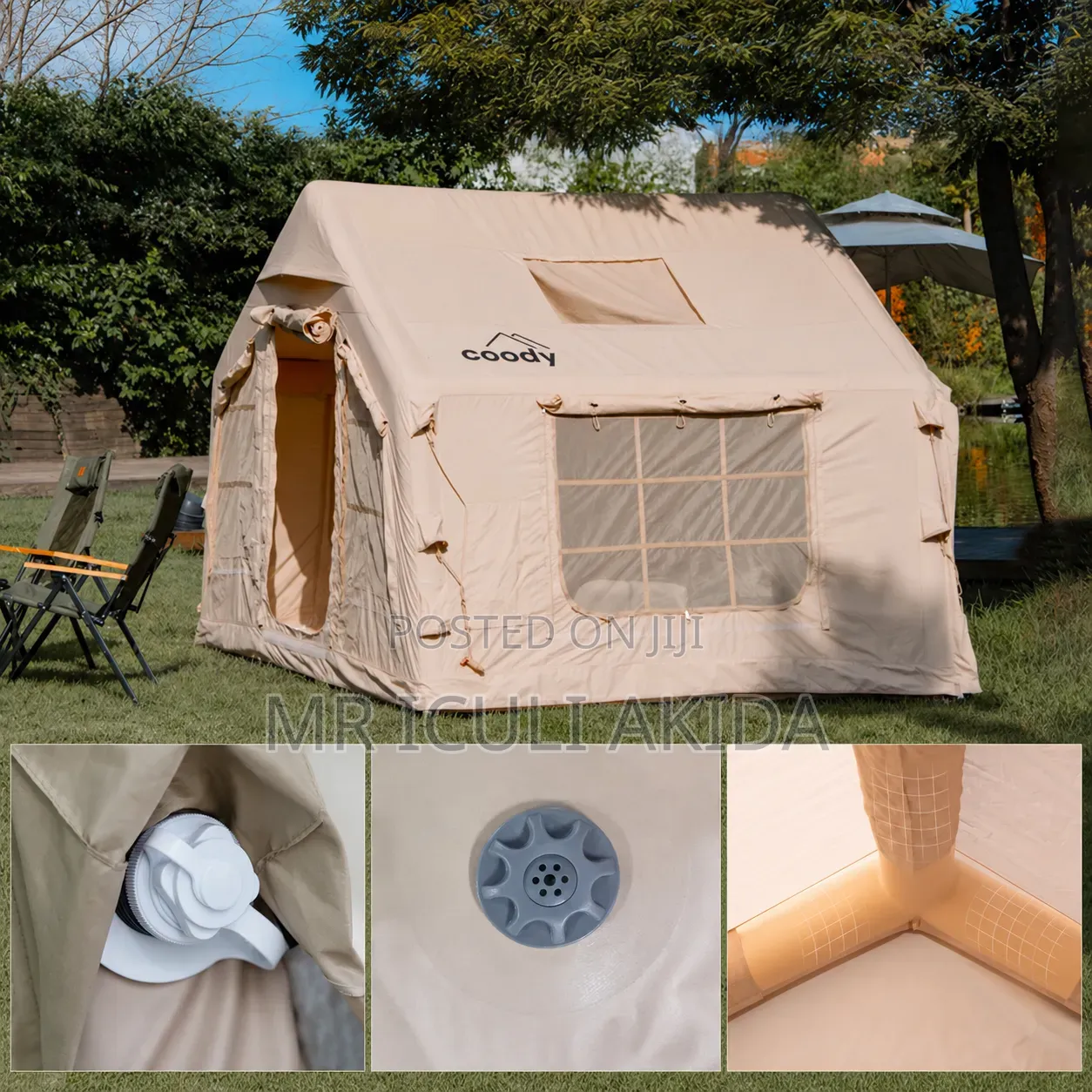 Large Cabin-Style Inflatable Camping Tent With Window Panel Roof Pitch