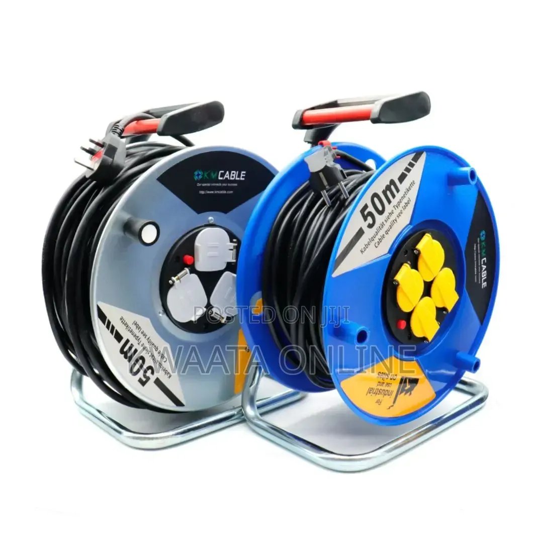 50m Heavy Duty Extension Reel Industrial Cable 3Way Sockets Rust-Proof