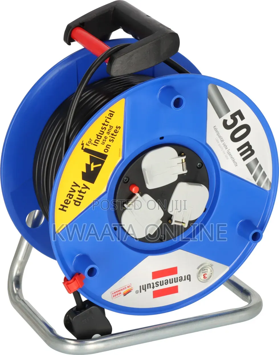 50m Heavy Duty Extension Reel Industrial Cable 3Way Sockets Rust-Proof
