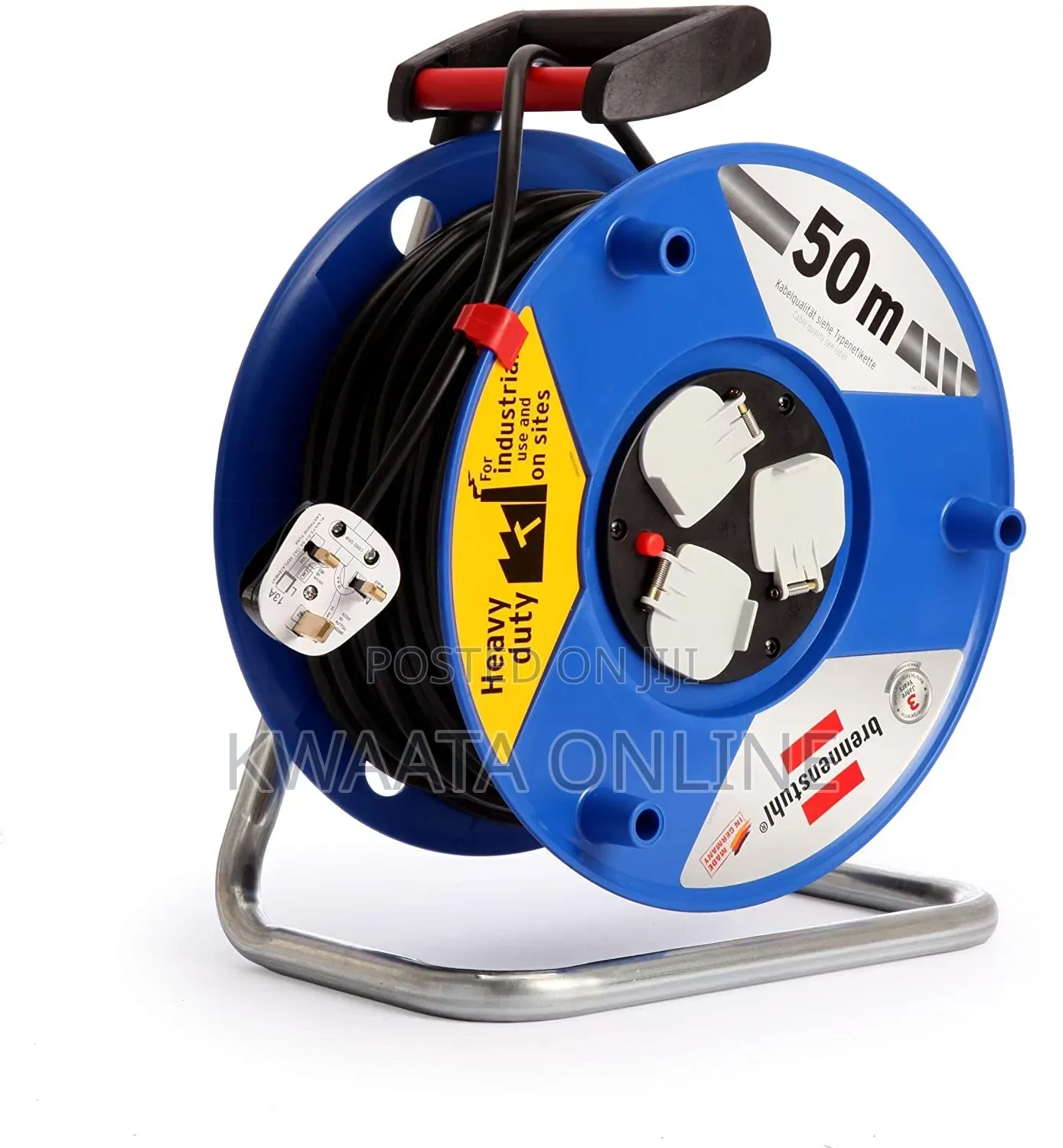 50m Heavy Duty Extension Reel Industrial Cable 3Way Sockets Rust-Proof