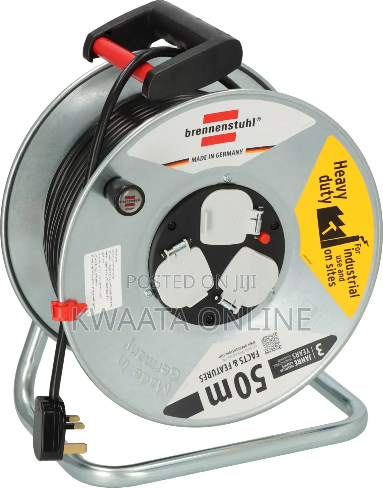 50m Heavy Duty Extension Reel Industrial Cable 3Way Sockets Rust-Proof