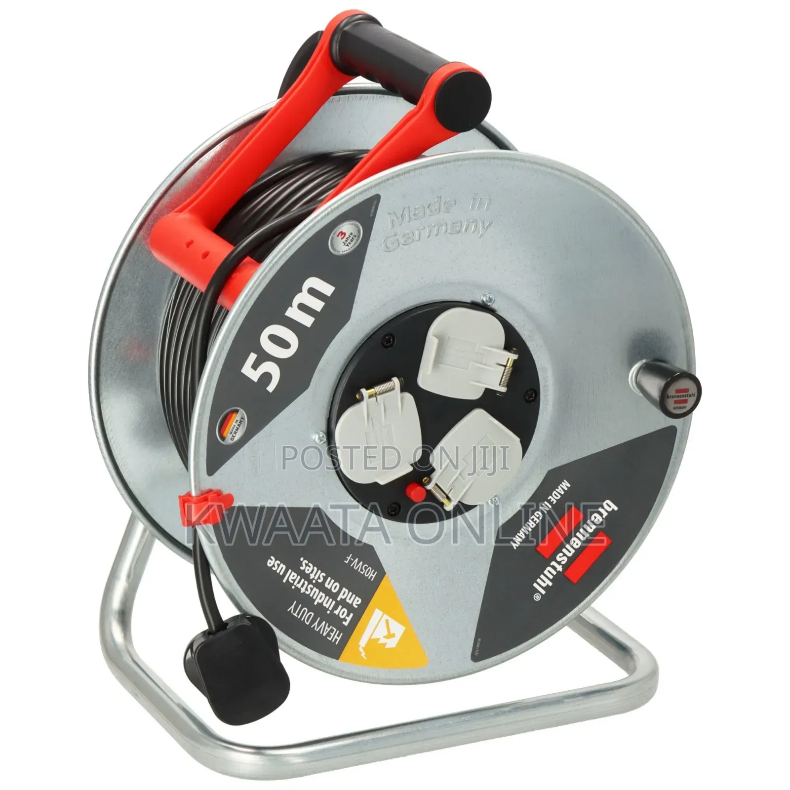 50m Heavy Duty Extension Reel Industrial Cable 3Way Sockets Rust-Proof