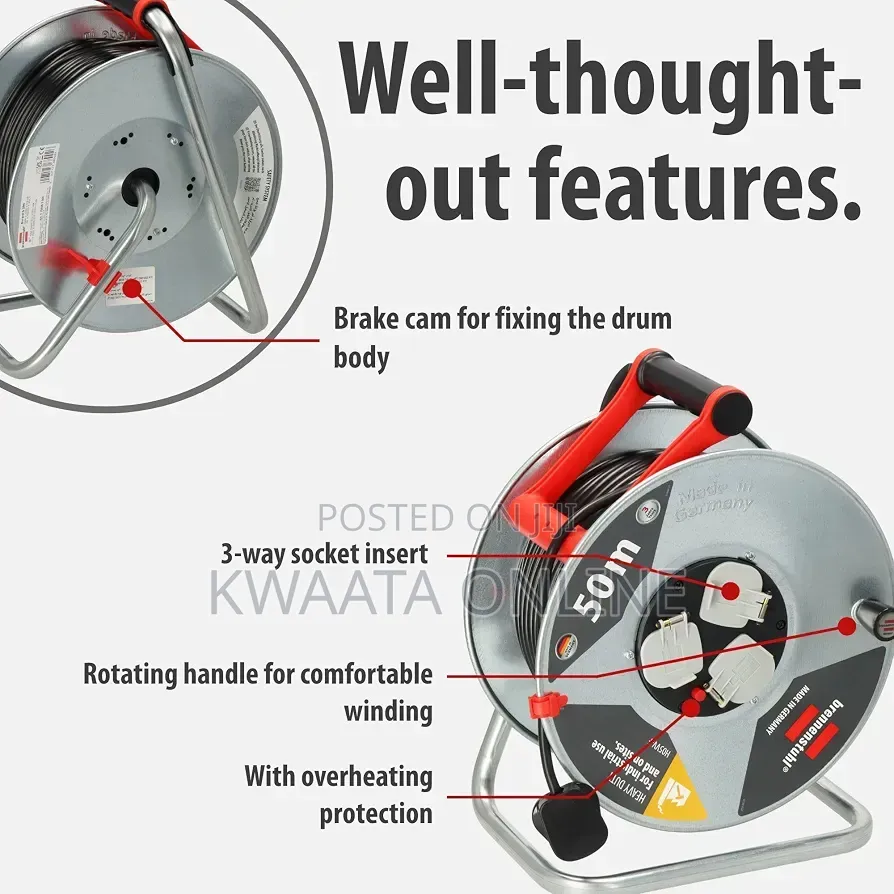 50m Heavy Duty Extension Reel Industrial Cable 3Way Sockets Rust-Proof