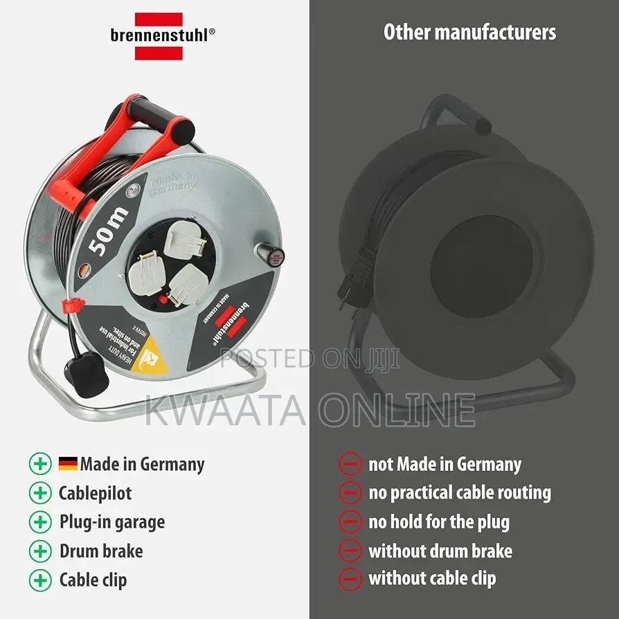50m Heavy Duty Extension Reel Industrial Cable 3Way Sockets Rust-Proof