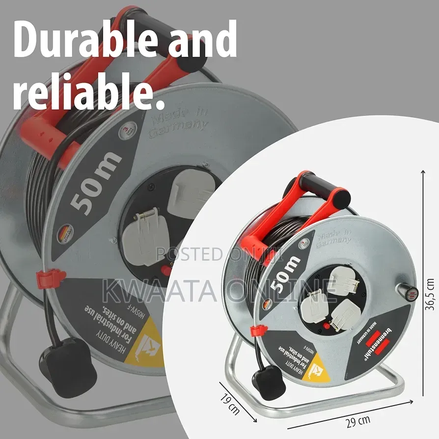 50m Heavy Duty Extension Reel Industrial Cable 3Way Sockets Rust-Proof