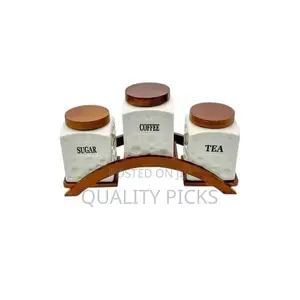 3 Piece Ceramic Tea Coffee Sugar Containers Set With Bamboo Holder