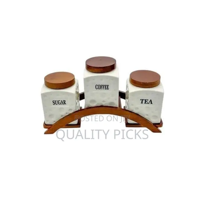 3 Piece Ceramic Tea Coffee Sugar Containers Set With Bamboo Holder