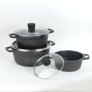 6 PC Ribbed Side Non-Stick Granite Saucepans Cookware Dishes