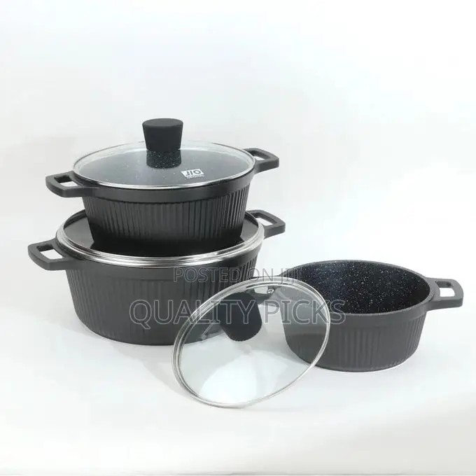 6 PC Ribbed Side Non-Stick Granite Saucepans Cookware Dishes