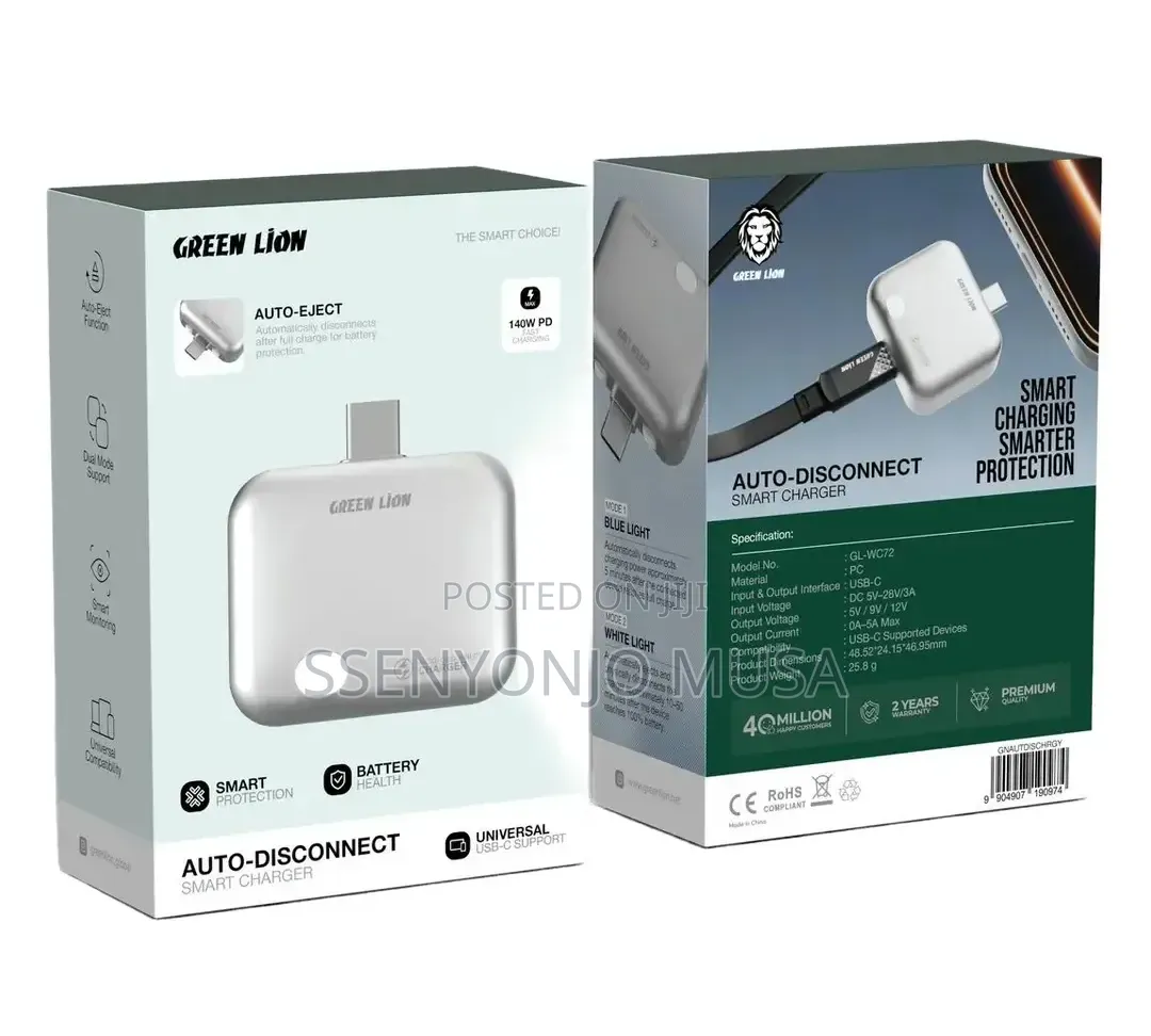 Green Lion 140W PD Auto-Disconnect USB-C Smart Charger – Grey