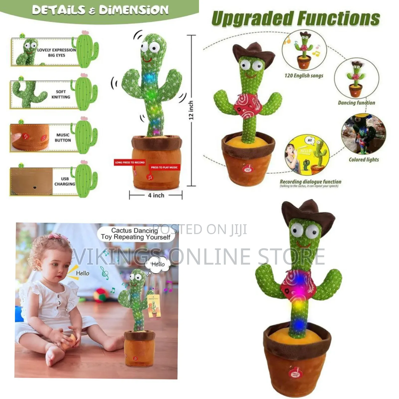 Dancing Cactus Toys, Singing Cactus Toy, Cowboy Hat Electric Wiggly