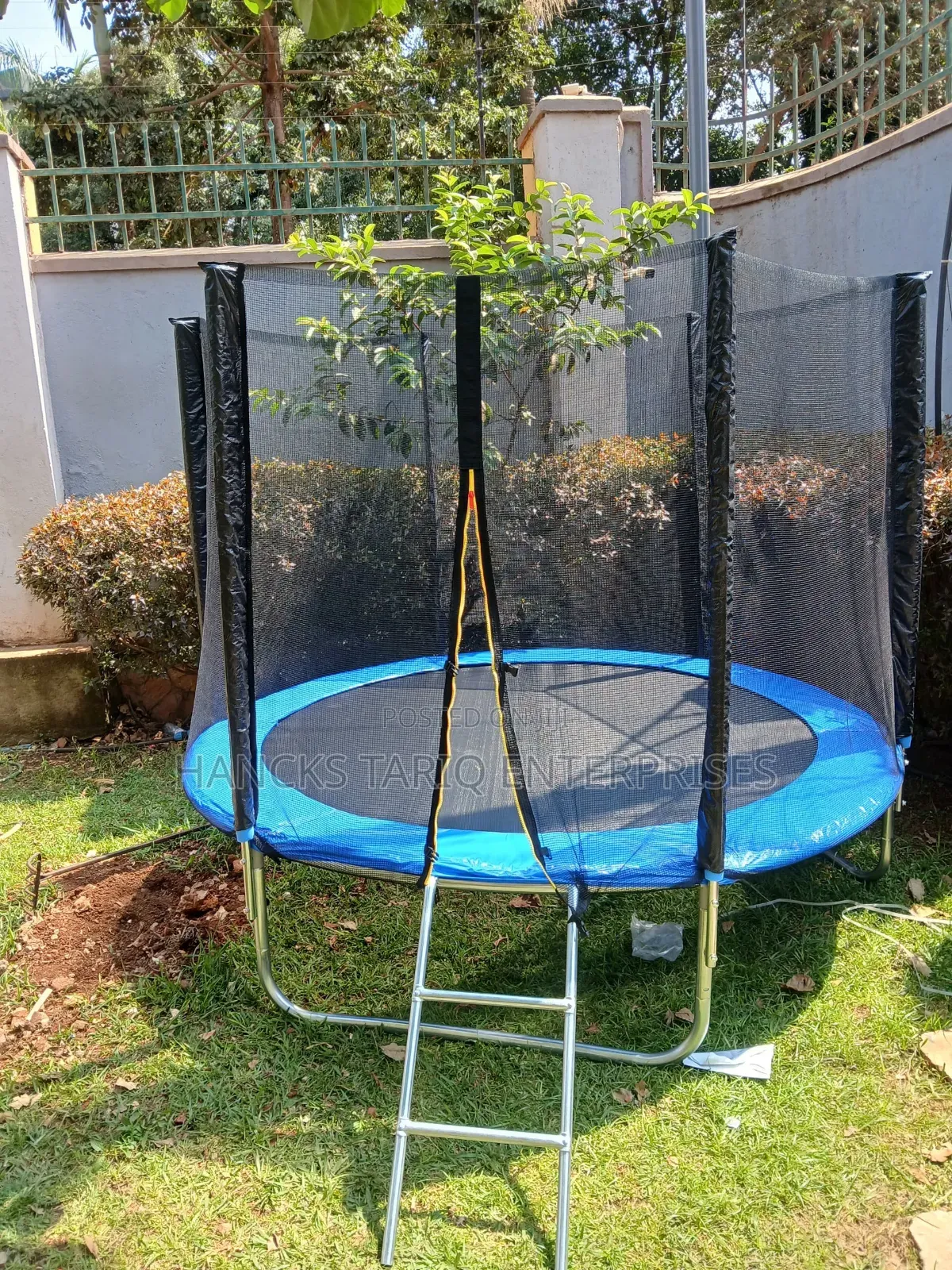 Trampoline With a Safety Enclosure Net and Access Ladder.
