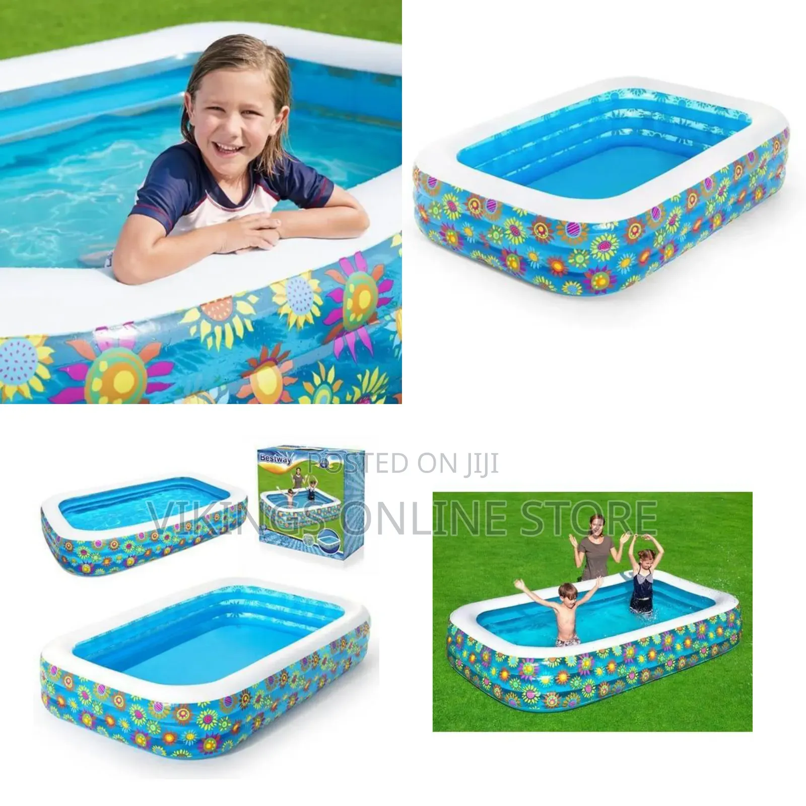 Inflatable Family Swimming Pool, Happy Flora Rectangular Swimming