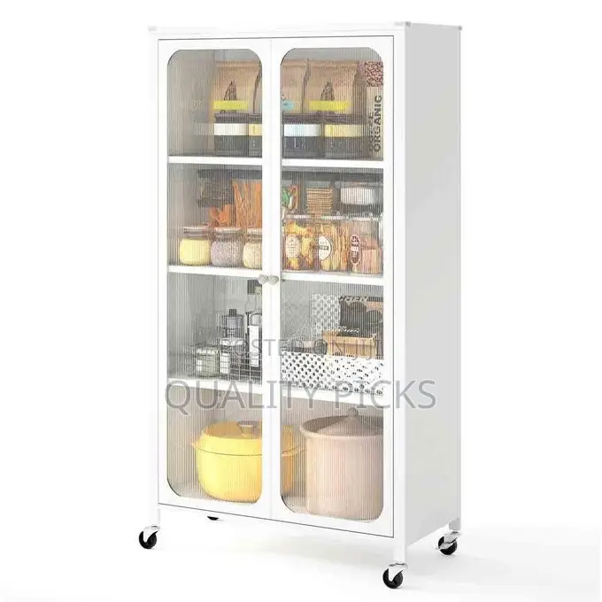4-Tier Pantry Cabinet, 2-Door Mobile Storage Cabinet With Wheels