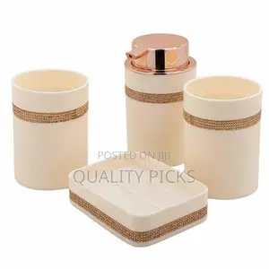 4 Piece Luxury Golden Detailing Bathroom Accessories Set Ceramic