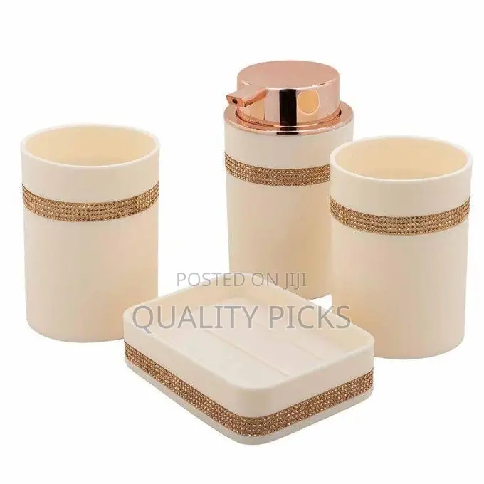 4 Piece Luxury Golden Detailing Bathroom Accessories Set Ceramic