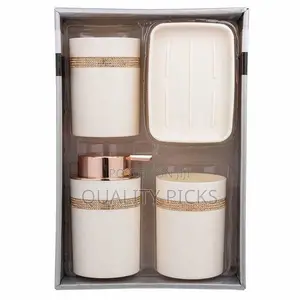 4 Piece Luxury Golden Detailing Bathroom Accessories Set Ceramic