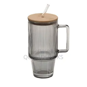 24oz Ribbed Glass Cup With Bamboo Wood Lid and Straw