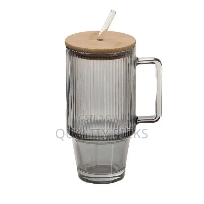 24oz Ribbed Glass Cup With Bamboo Wood Lid and Straw